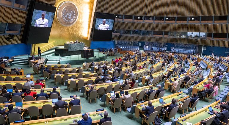 La salle de l'Assemblée générale des Nations Unies lors d'une session extraordinaire sur la Palestine.